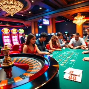 Exciting casino gaming environment with players enjoying dn888 games at poker and roulette tables.