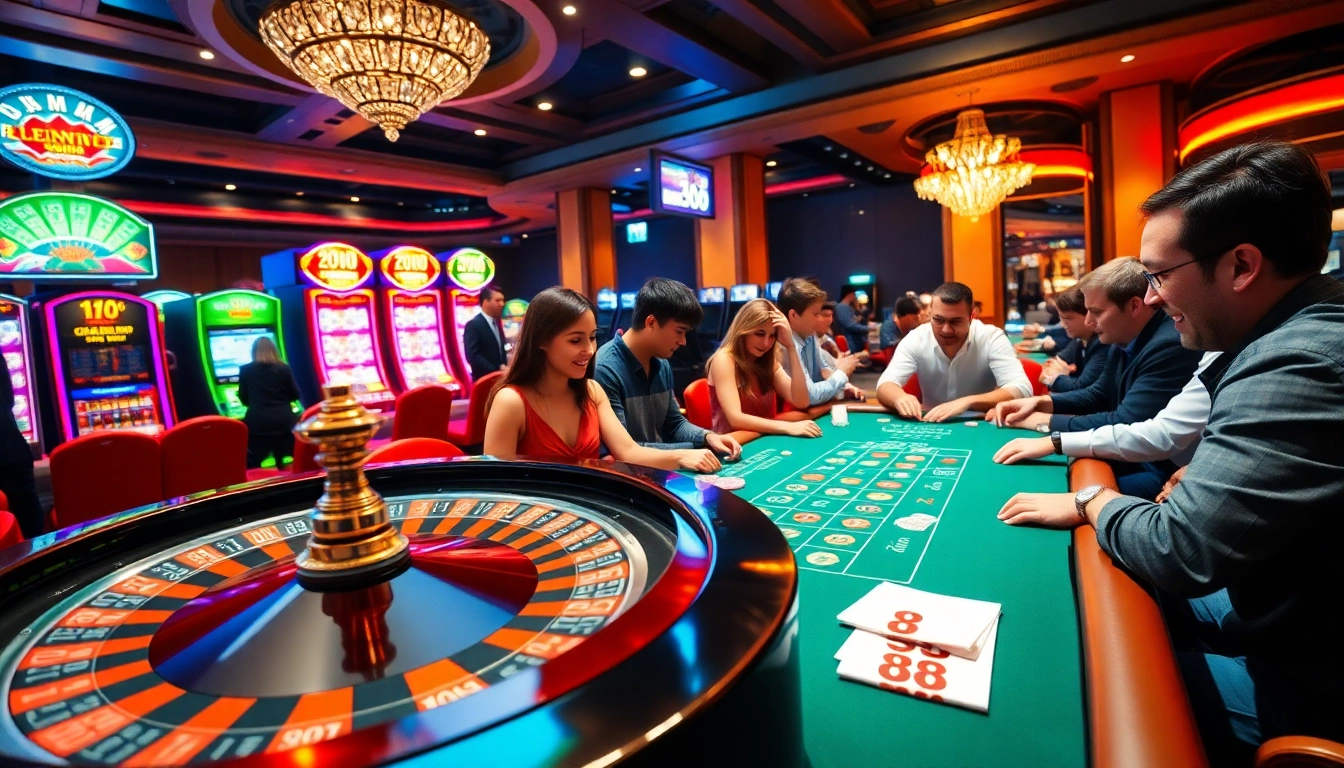 Exciting casino gaming environment with players enjoying dn888 games at poker and roulette tables.