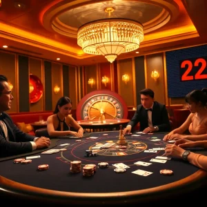 High-stakes poker action at a 222BD casino table, with colorful chips and intense players.