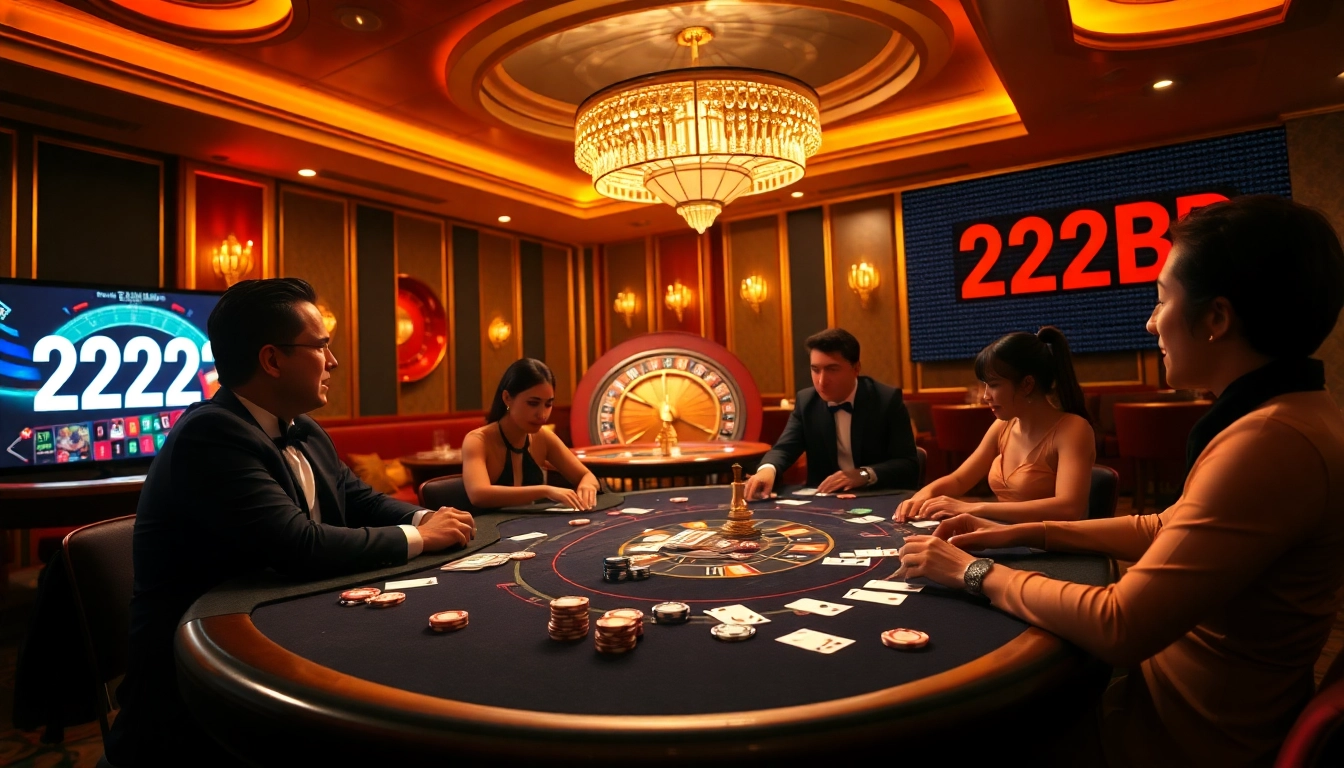 High-stakes poker action at a 222BD casino table, with colorful chips and intense players.