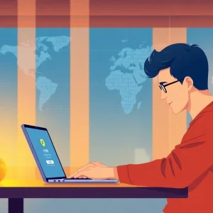 温馨家庭办公环境中展示的快连VPN应用，强调在线安全与全球连接。