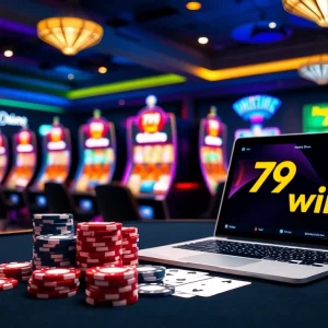 Experience the excitement of gambling with 79win at a vibrant casino scene featuring poker chips and slot machines.