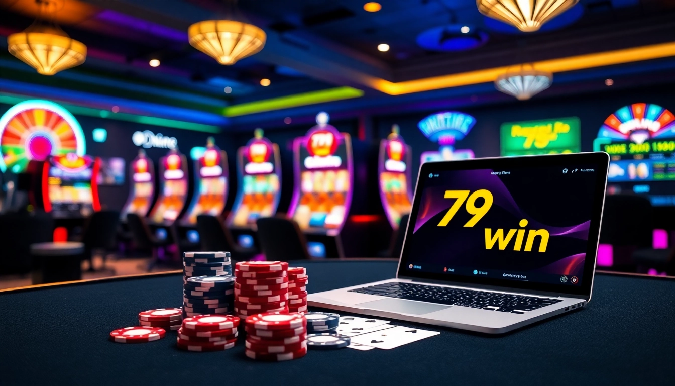 Experience the excitement of gambling with 79win at a vibrant casino scene featuring poker chips and slot machines.