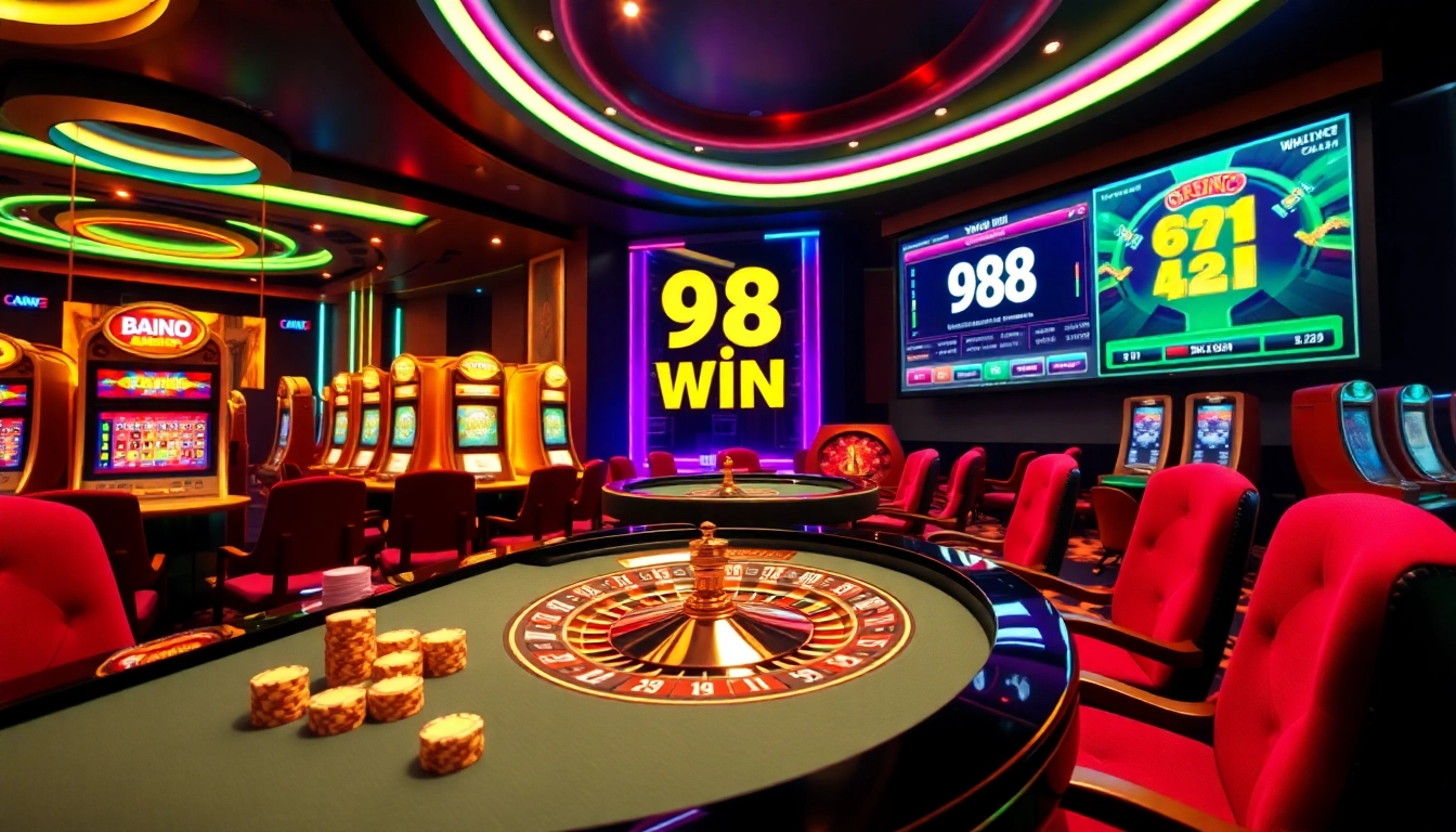 Engaging casino atmosphere showcasing the concept of 98 win with roulette and poker chips.