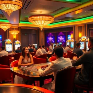 Experience the excitement of sunwin's luxurious online gaming environment with players engaging at vibrant casino tables.