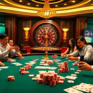 Experience the excitement of Trang chủ Debet with a vibrant casino scene featuring poker games and roulette.