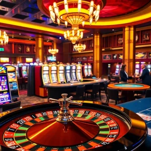 Experience the excitement of iwin at a vibrant casino with dazzling slot machines and roulette wheel.