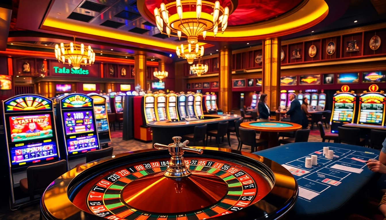 Experience the excitement of iwin at a vibrant casino with dazzling slot machines and roulette wheel.
