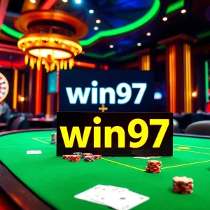 Win97 signifies a thrilling casino game scene with poker chips and vibrant betting interfaces.