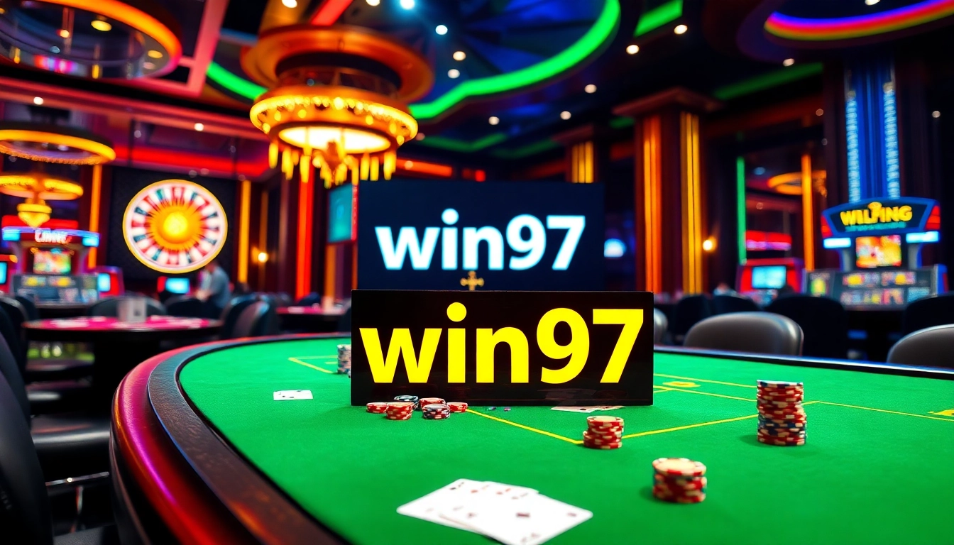 Win97 signifies a thrilling casino game scene with poker chips and vibrant betting interfaces.