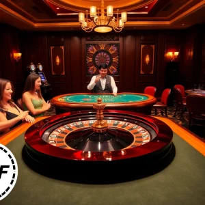 A vibrant casino scene showcasing 789F with excited players at a roulette table and slot machines.