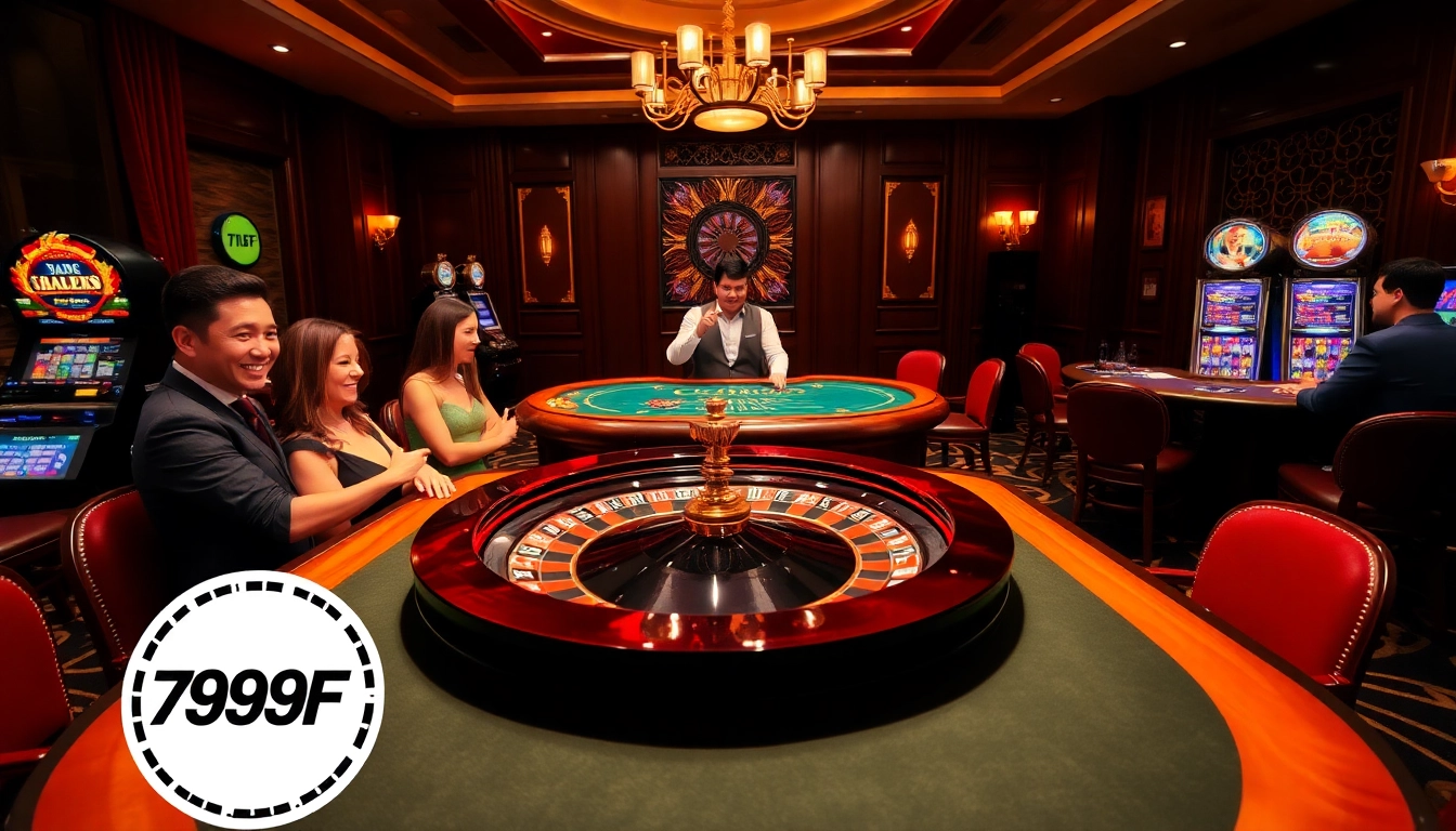 A vibrant casino scene showcasing 789F with excited players at a roulette table and slot machines.