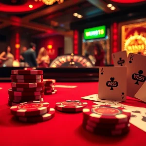 Win55 poker chips and cards on a luxurious casino table during a high-stakes game.