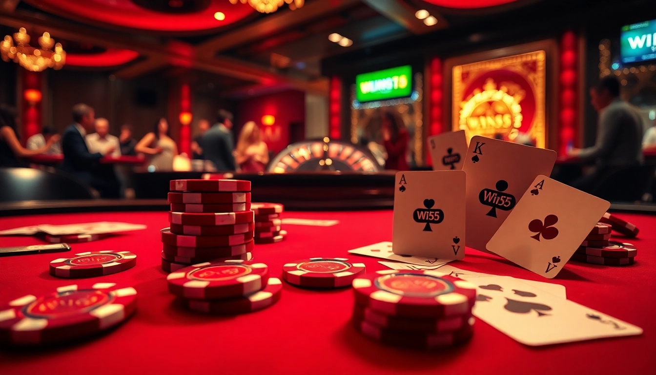 Win55 poker chips and cards on a luxurious casino table during a high-stakes game.