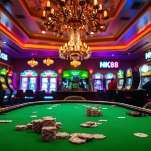 Engaging scene of high-stakes poker table featuring NK88 gaming chips, immersive casino atmosphere.