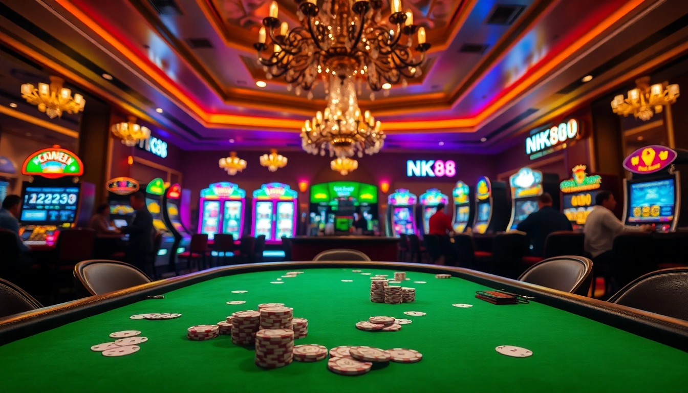 Engaging scene of high-stakes poker table featuring NK88 gaming chips, immersive casino atmosphere.