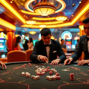 Tài Xỉu MD5 game in a vibrant casino setting with players and dice rolling.