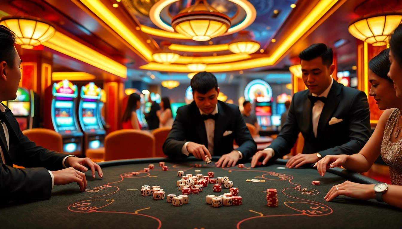 Tài Xỉu MD5 game in a vibrant casino setting with players and dice rolling.