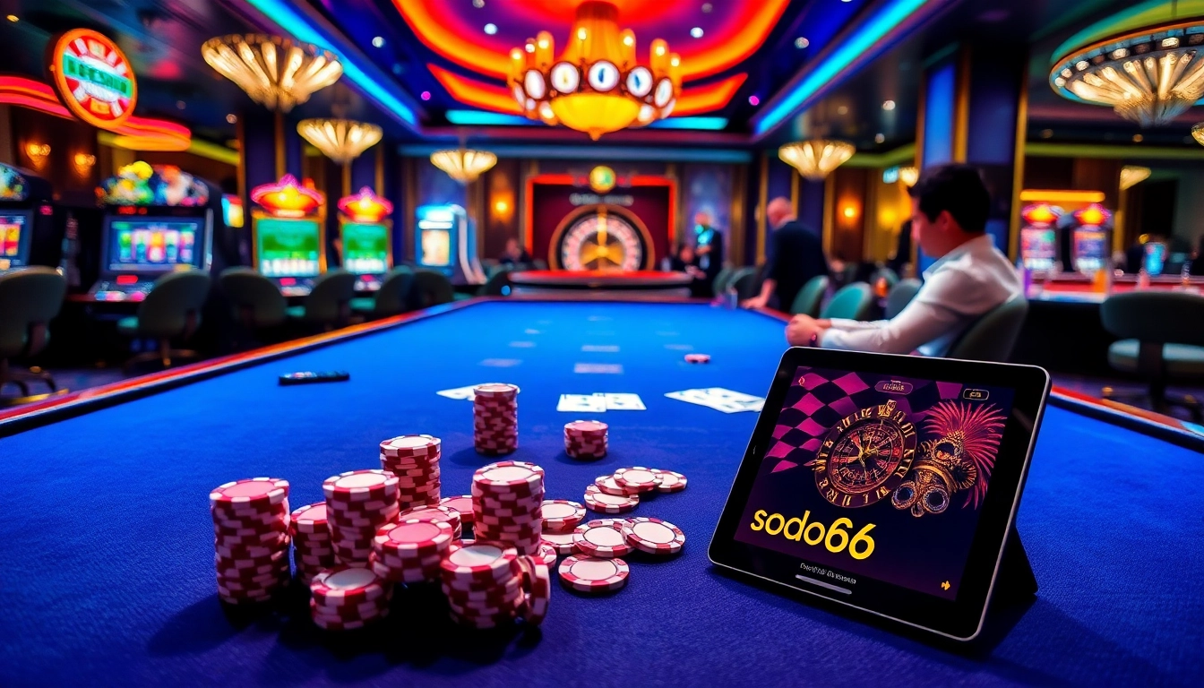 Sodo66 poker table scene with excited players and vibrant casino decor.