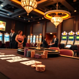 KJC casino vibrant gaming atmosphere with poker tables and slot machines.