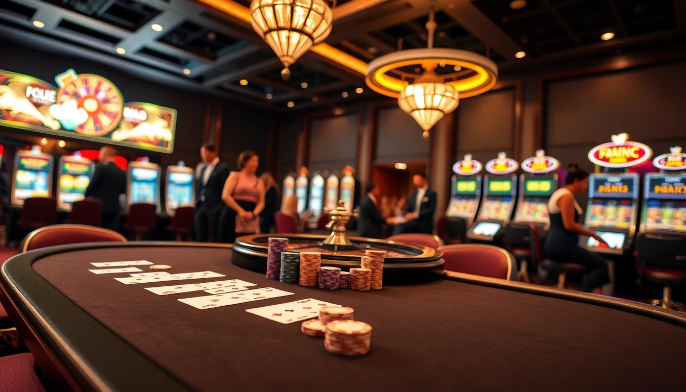 KJC casino vibrant gaming atmosphere with poker tables and slot machines.