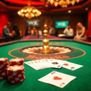 VVJL casino players enjoying a high-stakes poker game with vibrant chips and cards.