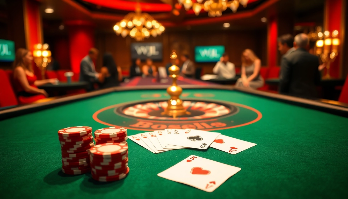 VVJL casino players enjoying a high-stakes poker game with vibrant chips and cards.