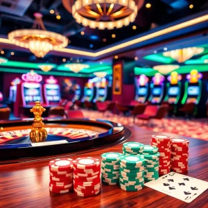 Experience the thrilling ambiance of mb66.nyc with vibrant casino gaming tables and roulette wheels.
