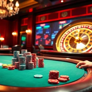 DF999 exciting casino scene with a poker table, roulette wheel, and vibrant gambling atmosphere.