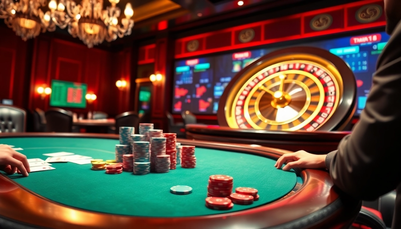 DF999 exciting casino scene with a poker table, roulette wheel, and vibrant gambling atmosphere.