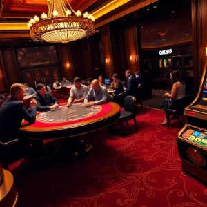 Experience high-stakes excitement at OK365 poker table with players engaged in thrilling gameplay.