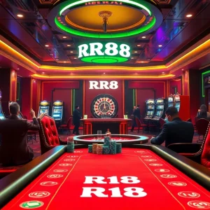 Experience the excitement of RR88 at a vibrant casino table with poker chips and a spinning roulette wheel.