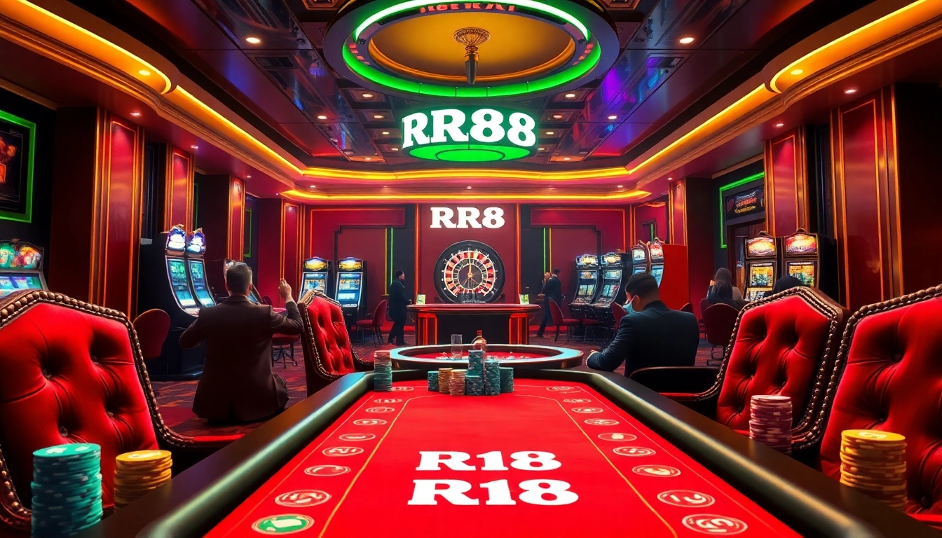 Experience the excitement of RR88 at a vibrant casino table with poker chips and a spinning roulette wheel.
