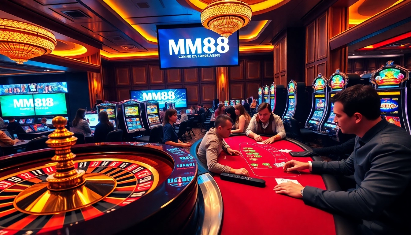 Players enjoying MM88 gaming with vibrant roulette and poker tables in a luxurious setting