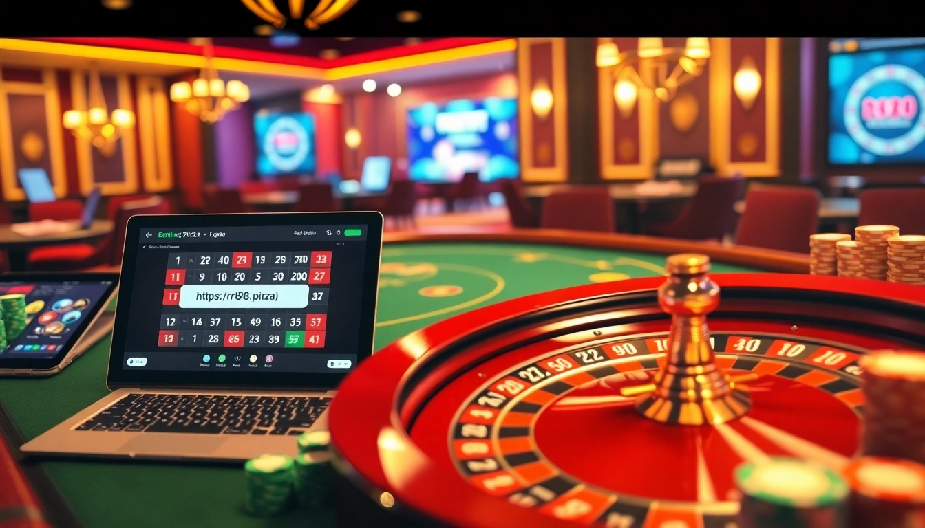 Gamblers enjoying a thrilling game at the casino with the website https://rr88.pizza/ featured on screens.