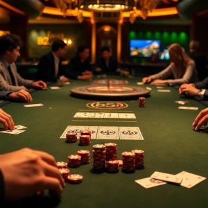 Players enjoying high-stakes games at a b52club-themed casino table with vibrant decor.