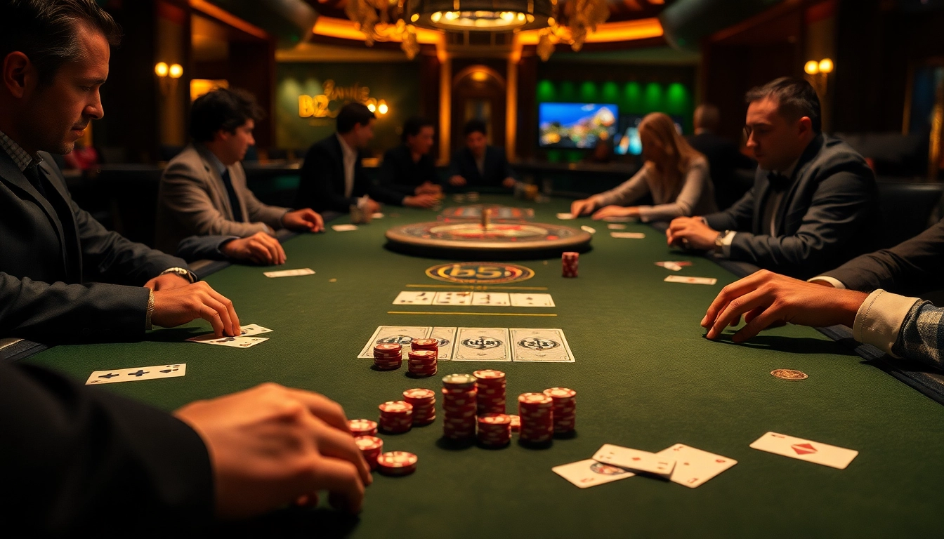 Players enjoying high-stakes games at a b52club-themed casino table with vibrant decor.