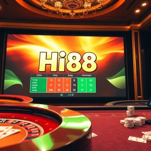 Players enjoying a vibrant gambling scene with Hi88 platform, roulette wheel, and poker chips.