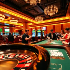 uu88 players enjoying a vibrant casino atmosphere with engaging games like roulette and slots.