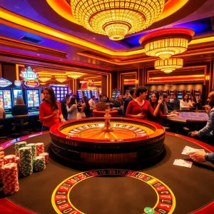 Experience thrilling gameplay at Sunwin casino with vibrant chips, roulette, and engaging players.