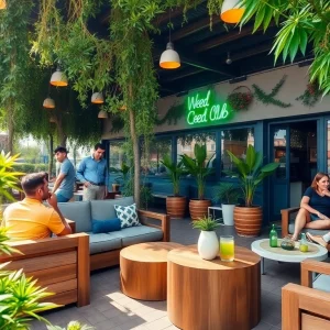 Besuchers genießen entspanntes Ambiente im Weed Club Lloret De Mar mit saftigem Grün.