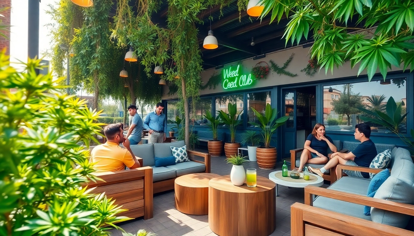 Besuchers genießen entspanntes Ambiente im Weed Club Lloret De Mar mit saftigem Grün.