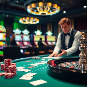Exciting casino scene showcasing SODO66 with poker chips and roulette wheel in a luxurious setting.