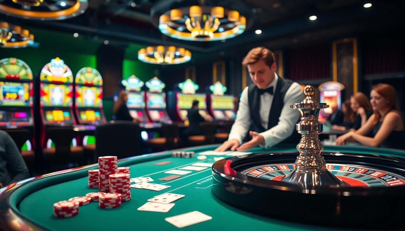 Exciting casino scene showcasing SODO66 with poker chips and roulette wheel in a luxurious setting.