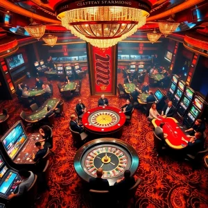 Experience high-stakes excitement at gg88 biz with a vibrant casino atmosphere featuring poker tables and slot machines.