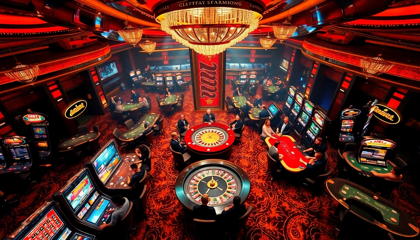Experience high-stakes excitement at gg88 biz with a vibrant casino atmosphere featuring poker tables and slot machines.