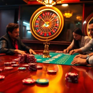 Players experiencing the thrill of poker at fly88 casino, with vibrant chips and warm lighting.