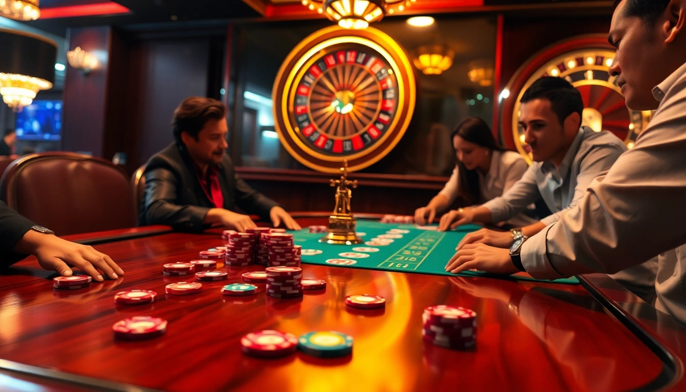 Players experiencing the thrill of poker at fly88 casino, with vibrant chips and warm lighting.
