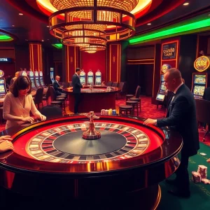 Experience the excitement of gambling at https://xx88.directory/ with a luxurious roulette table and vibrant casino atmosphere.