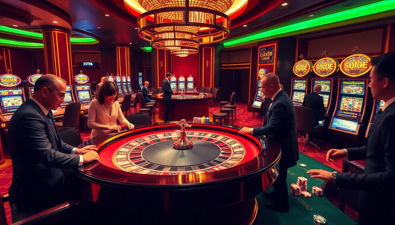 Experience the excitement of gambling at https://xx88.directory/ with a luxurious roulette table and vibrant casino atmosphere.